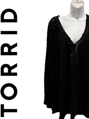 TORRID Super Soft Slub Long Sleeve Drop Shoulder Lace Yoke Top Black